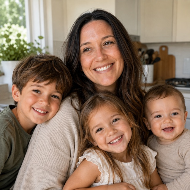 A smiling mother with her three children in a bright kitchen